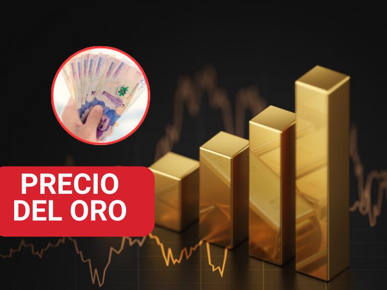 Ilustración de unos lingotes de oro sobre creando una gáfica ascendente, y al lado una persona con varios billetes colombianos de 50 mil pesos (Foto vía Getty Images)