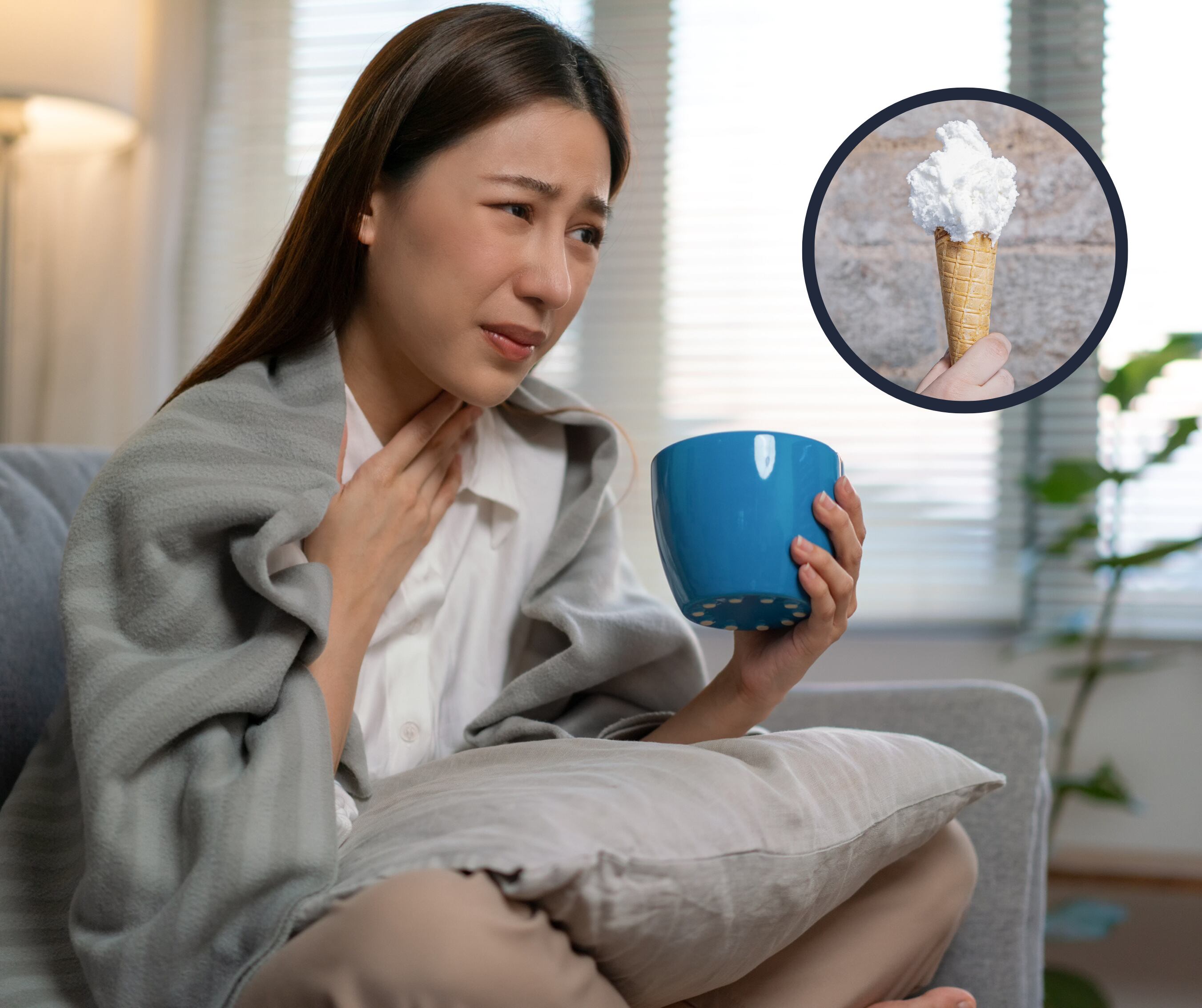 Mujer con dolor de garganta sosteniendo un vaso y a su lado un cono de helado (Getty Images)