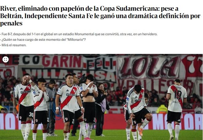 Nota de Clarín sobre la eliminación de River Plate de la Sudamericana
