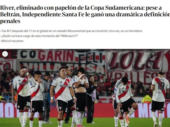 Nota de Clarín sobre la eliminación de River Plate de la Sudamericana