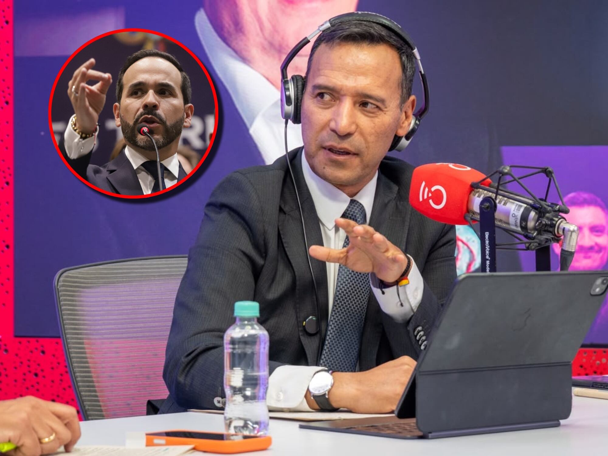 En el fondo, Pedro Sánchez, ministro de Defensa. En el círculo, Abelardo de la Espriella, presidente electo de Colombia. Fotos: Caracol Radio y Colprensa.
