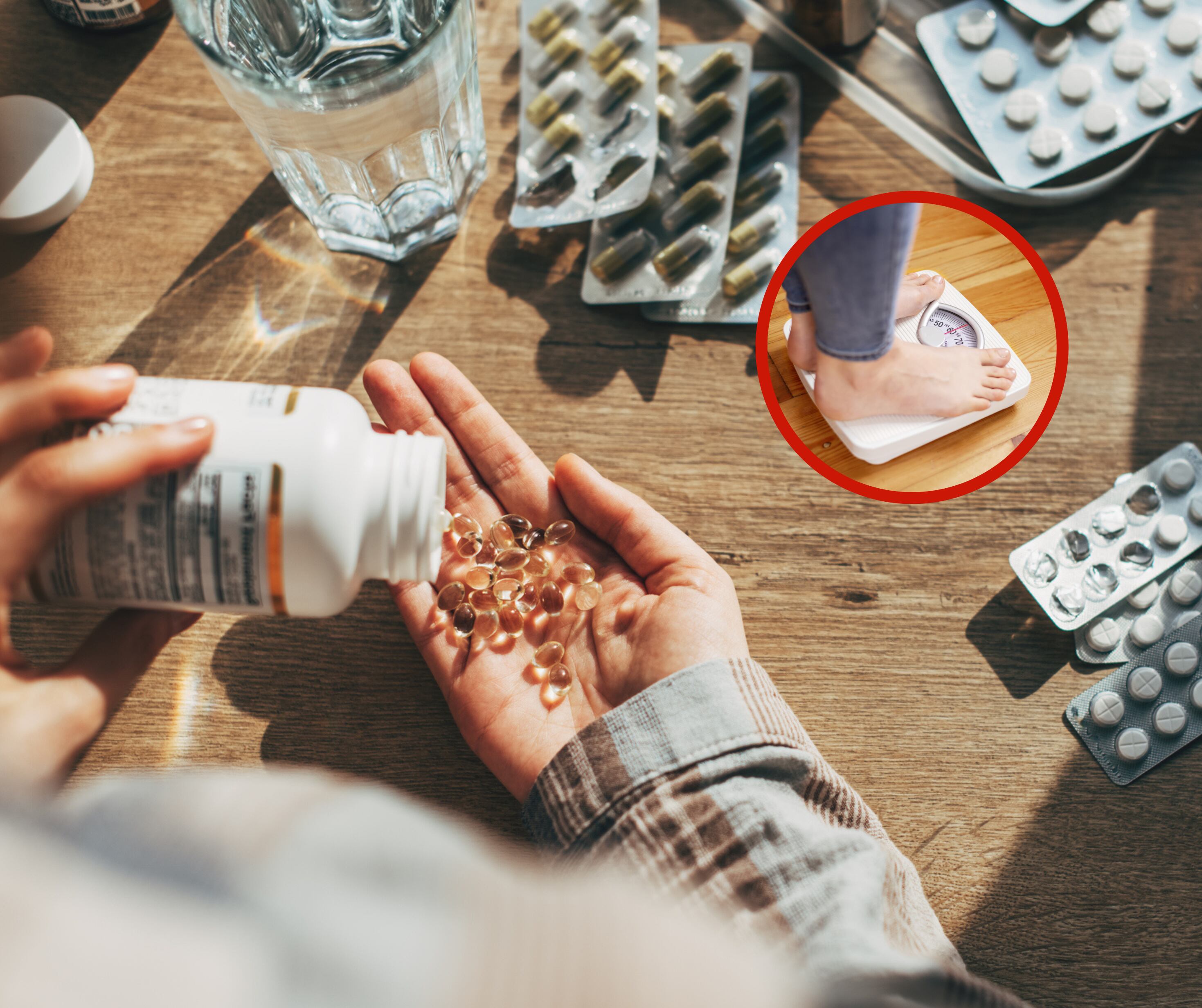 Suplementos dietéticos y una báscula (Fotos vía Getty Images)
