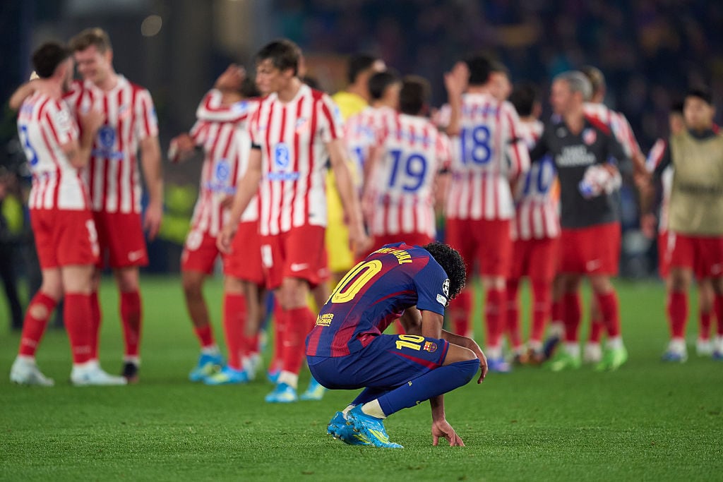 BARCELONA, SPAIN - APRIL 08: Lamine Yamal of FC Barcelona reacts by crouching with his head down, looking at the grass following his team’s defeat to Club Atlético de Madrid during the UEFA Champions League 2025/26 Quarter-Final First Leg match between FC Barcelona and Club Atlético de Madrid at Estadi Olimpic Lluis Companys on April 08, 2026 in Barcelona, Spain. (Photo by Pedro Salado/Getty Images)