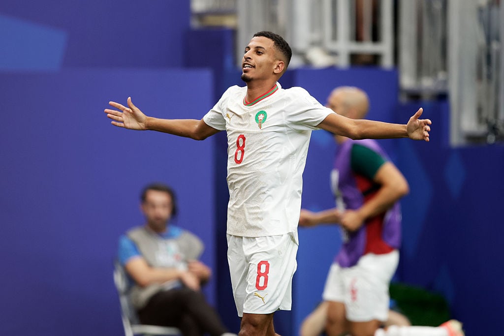 HOUSTON, UNITED STATES - JULY 4: Azzedine Ounahi of Morocco celebrates 0-1  during the  World Cup match between Canada  v Morocco  at the Houston Stadium on July 4, 2026 in Houston United States (Photo by Rico Brouwer/Soccrates/Getty Images)