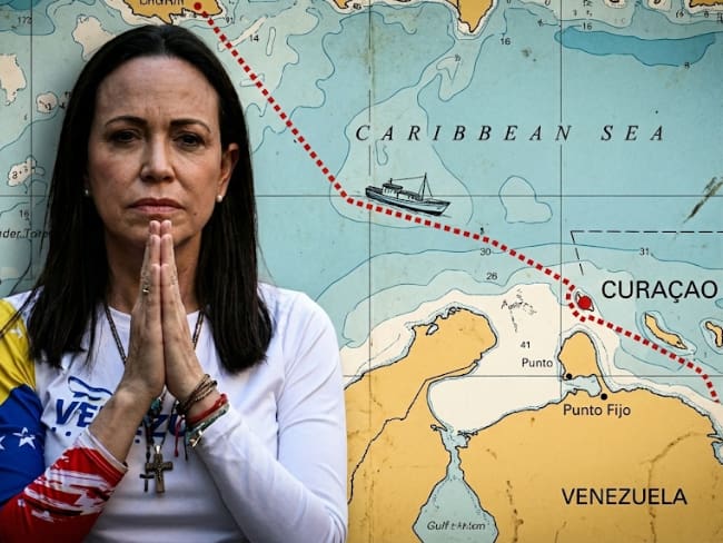 El escape secreto de María Corina Machado: Así salió de Venezuela en barco para llegar a Oslo // Caracol Radio // Imagen creada con Gemini