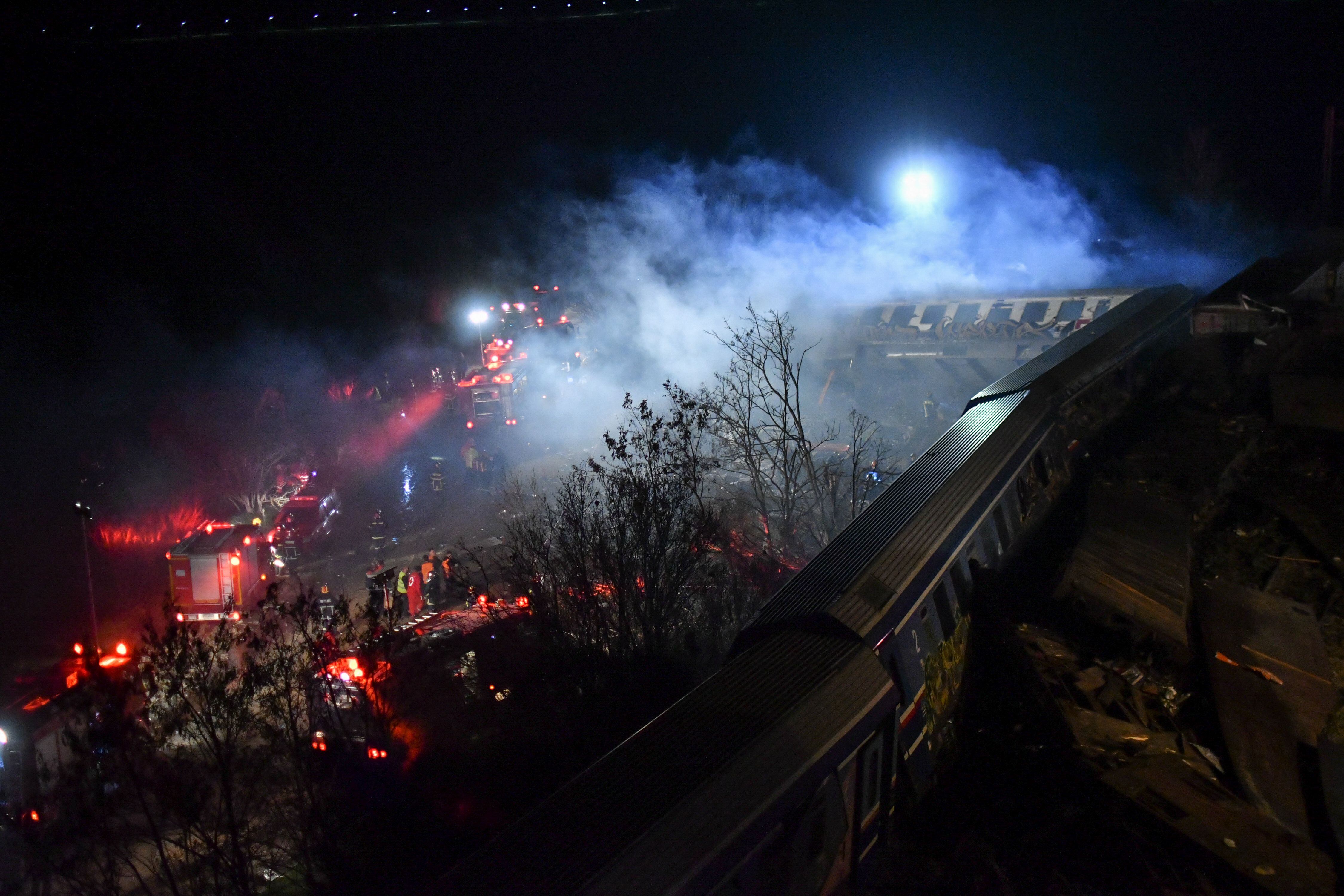Rail accident involving a collision between a cargo and a passenger train in the Evangelismos area of Larissa, Greece on March 1, 2023. (Photo by STRINGER / SOOC / SOOC via AFP) (Photo by STRINGER/SOOC/AFP via Getty Images)