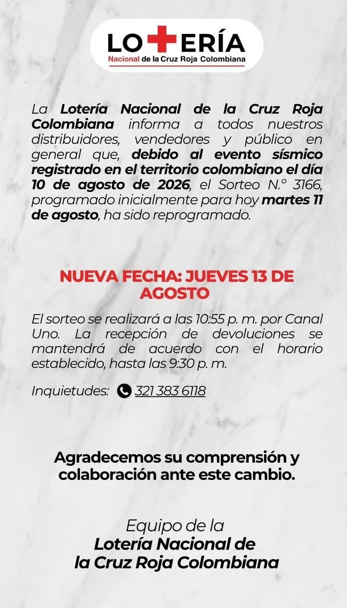 Comunicado de la Lotería de la Cruz Roja anunciando la reprogramación del sorteo del 11 de agosto de 2026. Facebook: Lotería Cruz Roja
