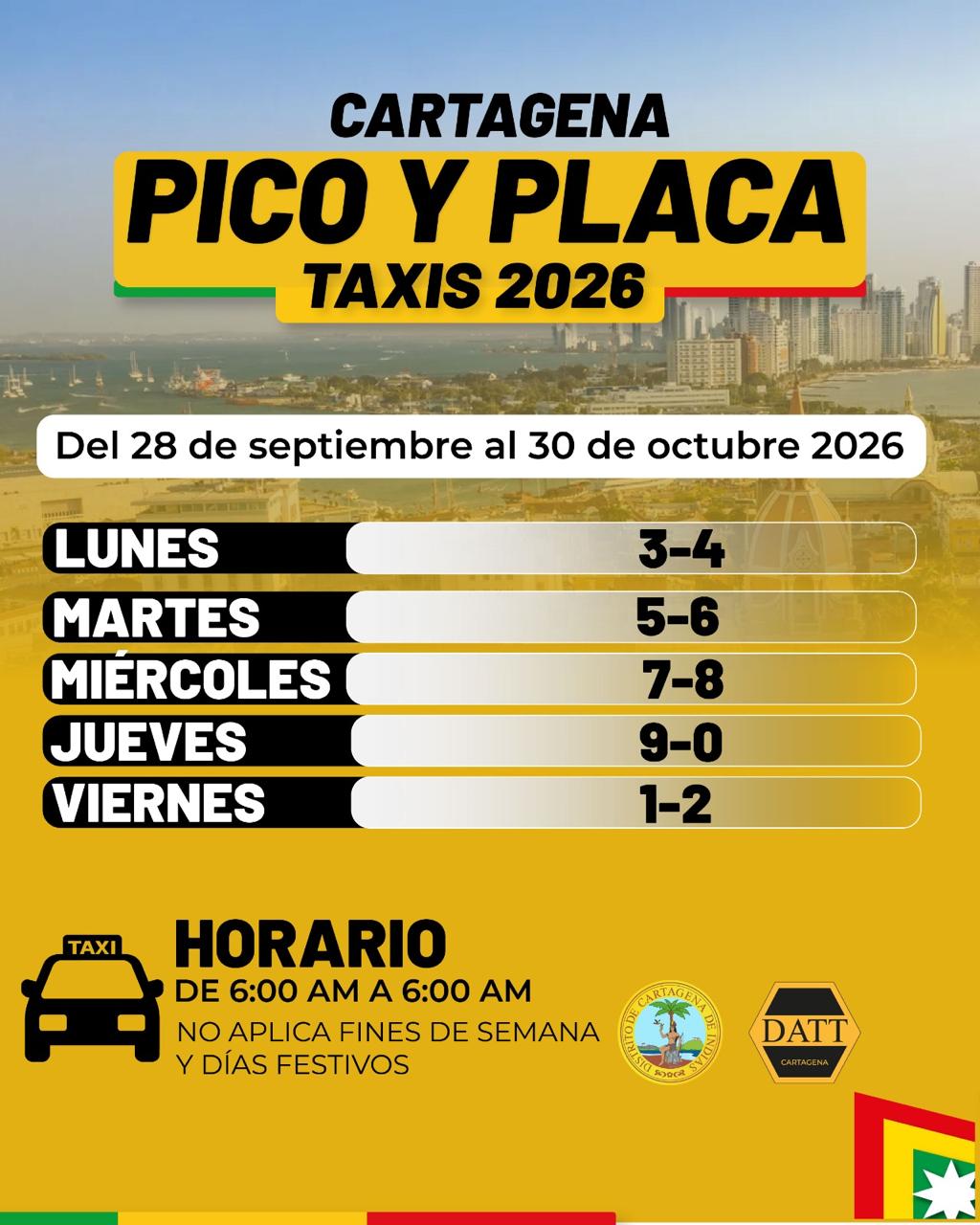 Nueva rotación de pico y placa para taxis en Cartagena