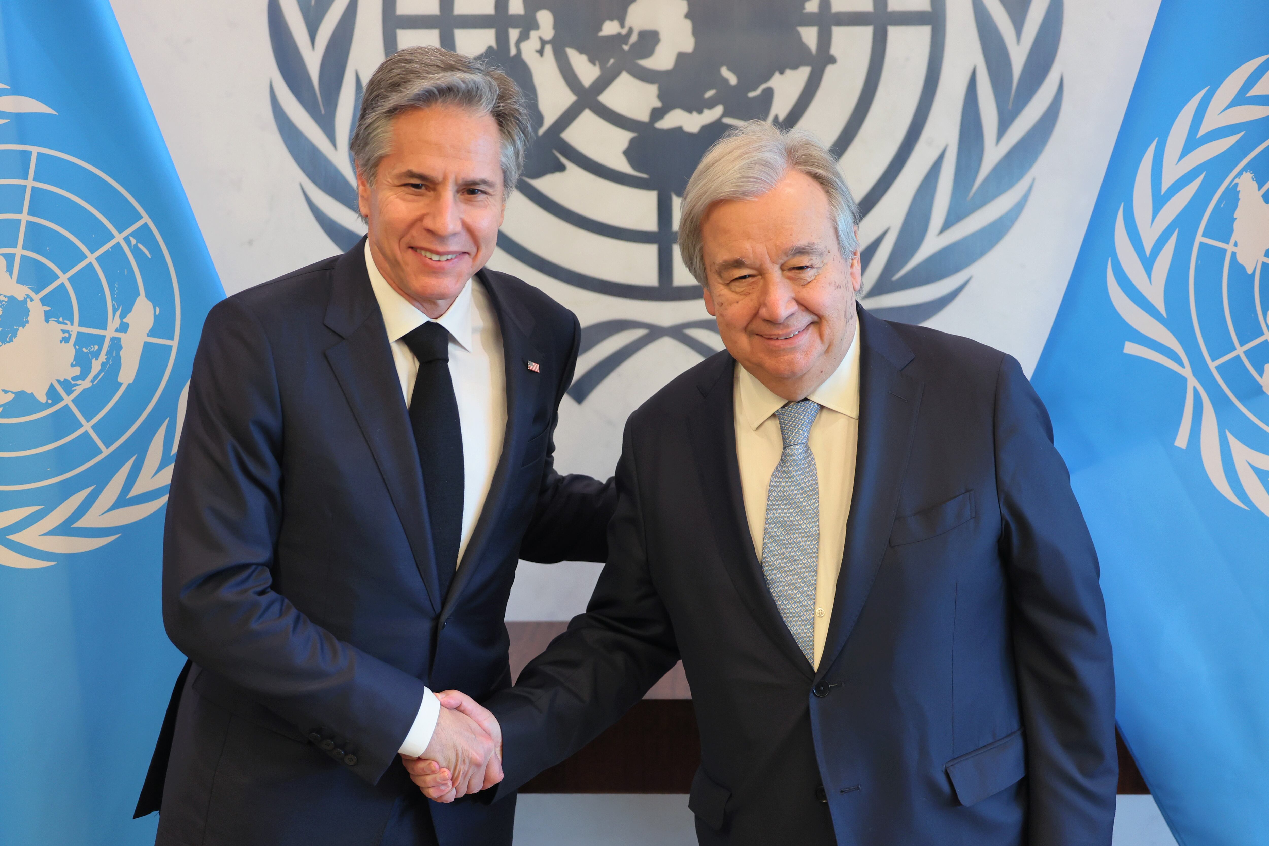 NEW YORK, NEW YORK - FEBRUARY 24: U.S. Secretary of State Antony Blinken and Secretary-General of the United Nations António Guterres pose for photos at United Nations headquarters on February 24, 2023 in New York City. Blinken was one of the international officials to attend the Security Council meeting marking the one-year mark of Russia’s invasion of Ukraine. On Thursday, the UN General Assembly passed 141-7 with 32 abstention calling for a cessation of hostilities in Ukraine and for Russia to withdraw its forces immediately. (Photo by Michael M. Santiago/Getty Images)
