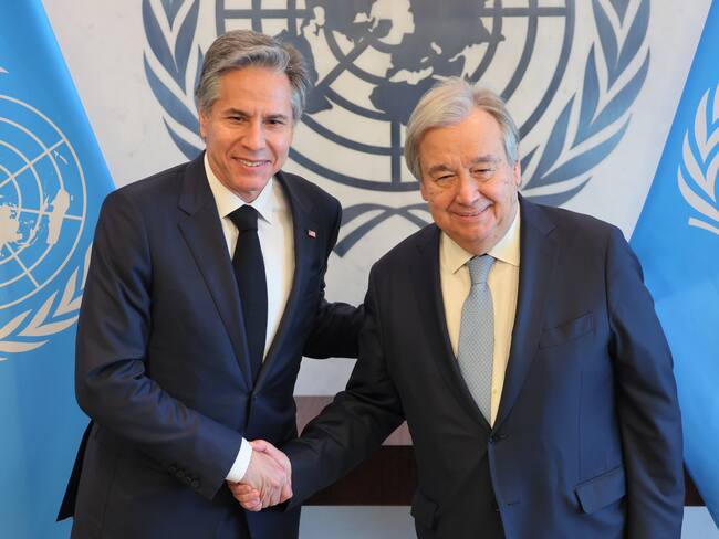 NEW YORK, NEW YORK - FEBRUARY 24: U.S. Secretary of State Antony Blinken and Secretary-General of the United Nations António Guterres pose for photos at United Nations headquarters on February 24, 2023 in New York City. Blinken was one of the international officials to attend the Security Council meeting marking the one-year mark of Russia’s invasion of Ukraine. On Thursday, the UN General Assembly passed 141-7 with 32 abstention calling for a cessation of hostilities in Ukraine and for Russia to withdraw its forces immediately. (Photo by Michael M. Santiago/Getty Images)
