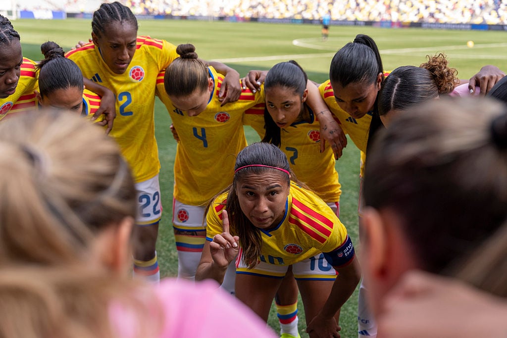 NASHVILLE, TN - MARCH 1: Leicy Santos #10 of Colombia stands in the huddle before a game between Colombia and Canada at GEODIS Park on March 1, 2026 in Nashville, Tennessee. (Photo by Brad Smith/ISI Photos/USSF/Getty Images)