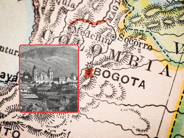 Mapa de Bogotá / Vista histórica de Bogotá, Colombia, grabado en madera, publicado en 1897  (Getty Images)