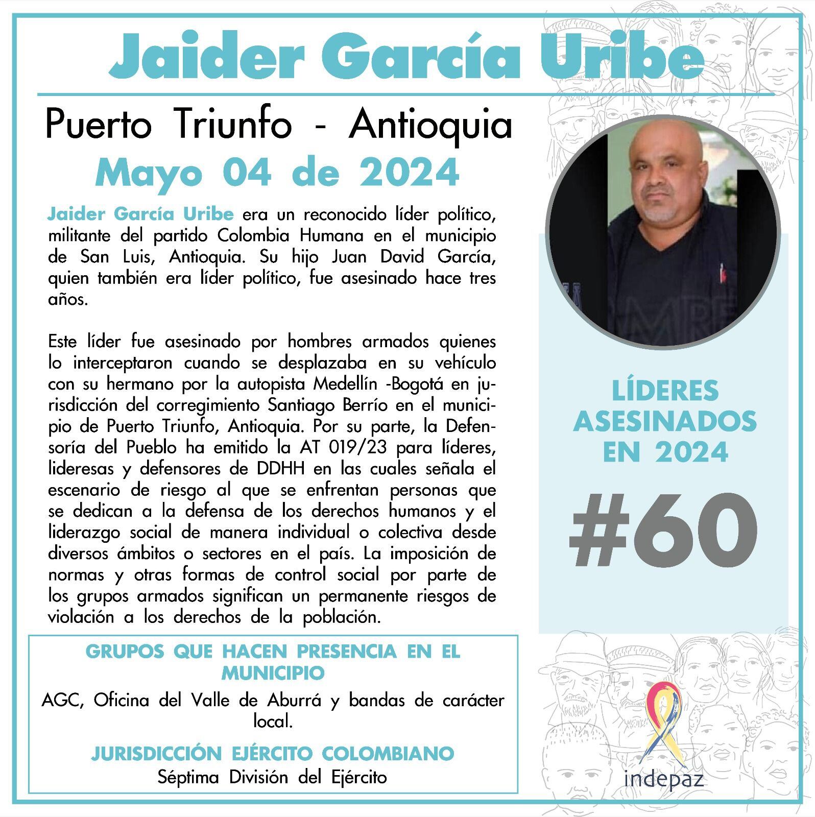Líder político asesinado en puerto Triunfo, Antioquia- foto Indepaz