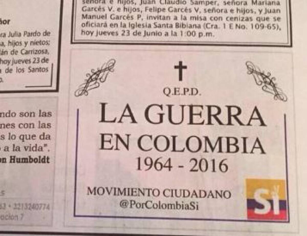 Con un obituario el Movimiento Ciudadano celebra la noticia de la llegada de la paz en Colombia.