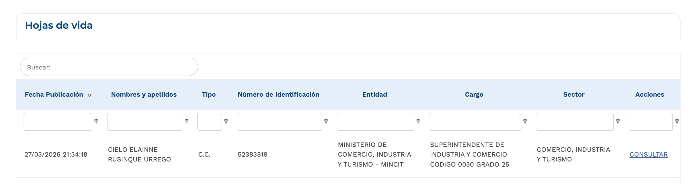 Presidencia de la República publicó nuevamente la hoja de vida de Cielo Rusinque en el portal oficial de aspirantes, reactivando el proceso previo a su eventual designación como superintendente de Industria y Comercio.
