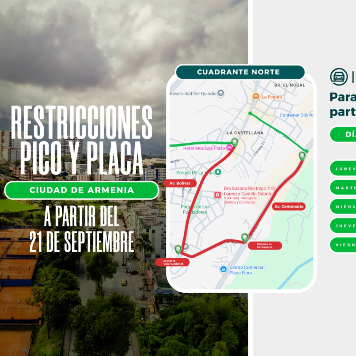 Lunes 21 de septiembre regirá modificación de pico y placa al norte de Armenia por horas