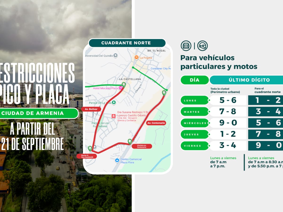 Lunes 21 de septiembre regirá modificación de pico y placa al norte de Armenia por horas