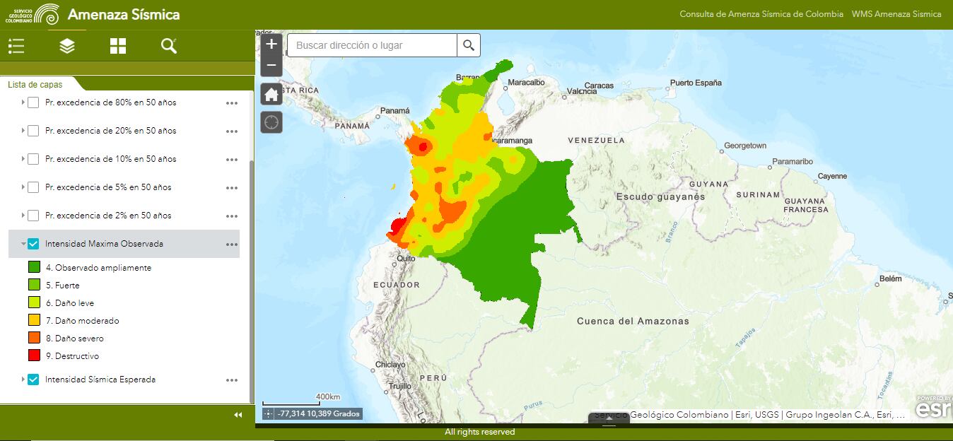 Mapa de amenaza sísmica en Colombia. Foto: Página Web Servicio Geológico Colombiano.