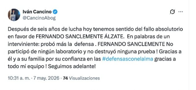 Trino del abogado Iván Cancino, defensor del exmbajador de Colombia en Uruguay, Fernando Sanclemente, quien fue declarado inocente en el caso de la 'narcofinca'. Foto: tomada de la red social.