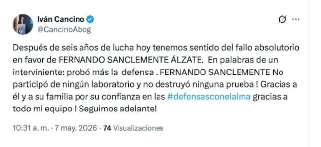 Trino del abogado Iván Cancino, defensor del exmbajador de Colombia en Uruguay, Fernando Sanclemente, quien fue declarado inocente en el caso de la 'narcofinca'. Foto: tomada de la red social.