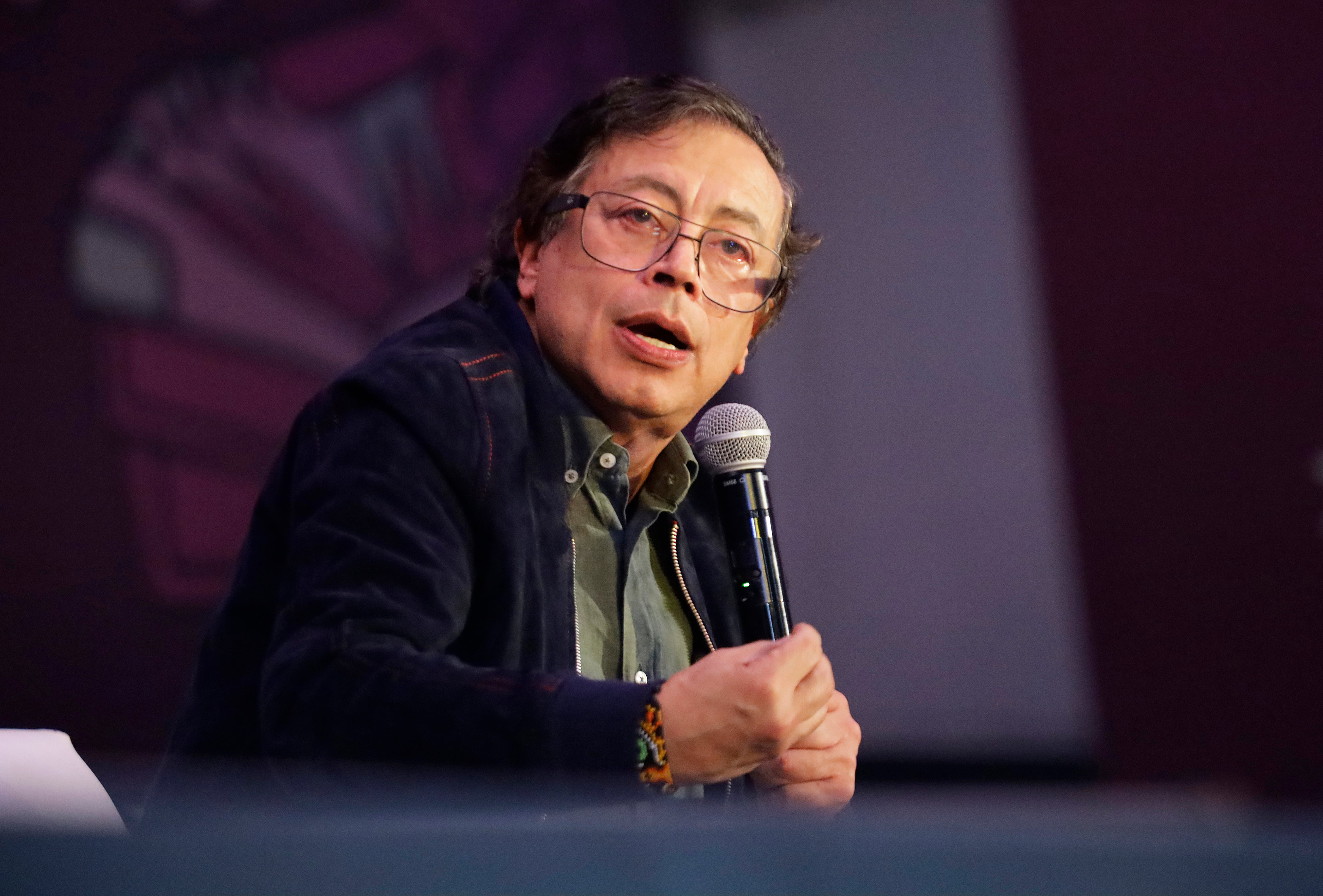 Gustavo Petro, former president of Colombia, speaks at the 2026 Zocalo International Book Fair in Mexico City, Mexico, on October 10, 2026. Petro stated that Mexico faces risks of far-right foreign technological intervention and the use of algorithms in upcoming elections, describing the practice as ''techno-fascism'' and comparing it to methods he claimed were used in Colombia's elections. (Photo by Gerardo Vieyra/NurPhoto via Getty Images)