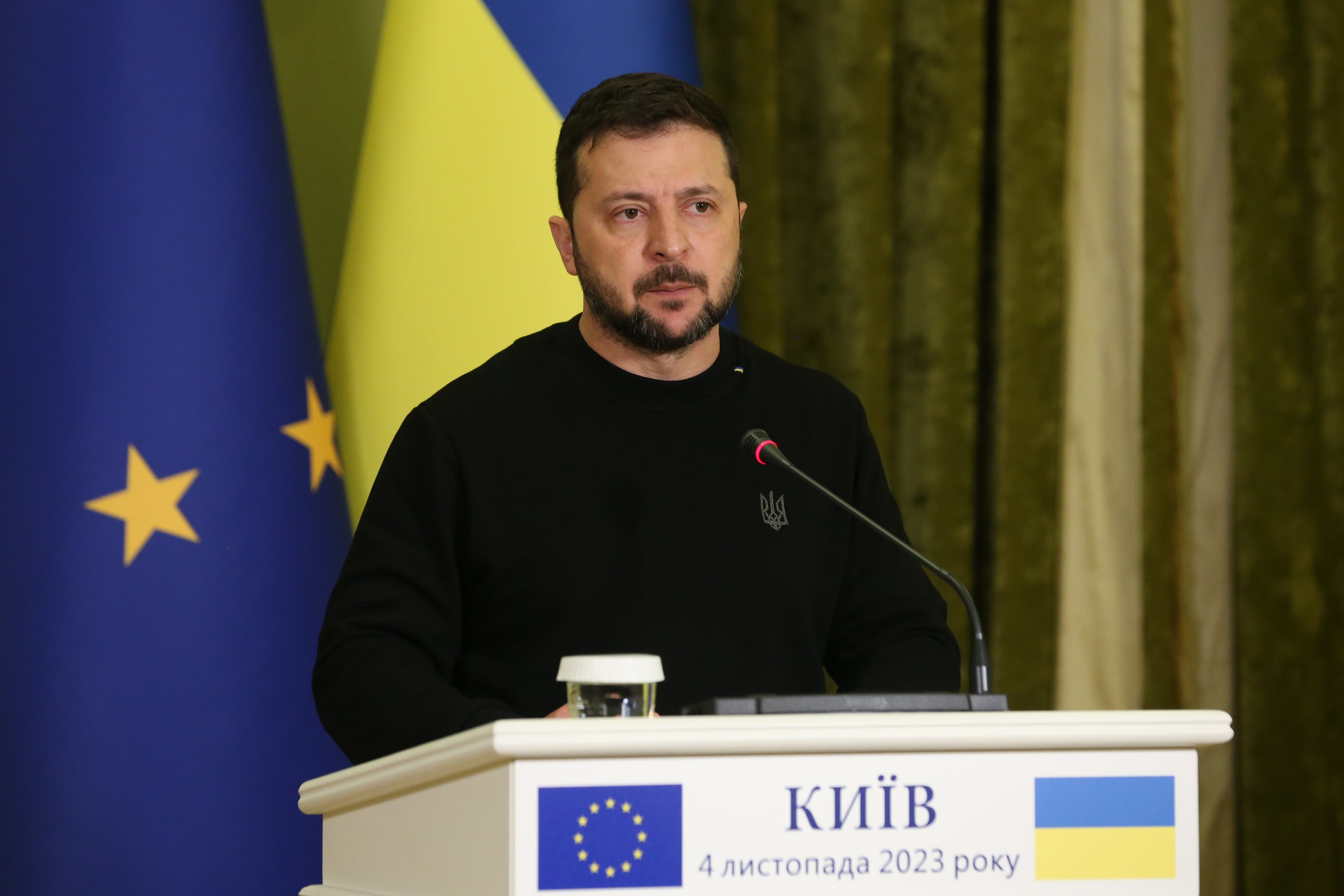 KYIV, UKRAINE - NOVEMBER 4: President Of Ukraine Volodymyr Zelenskyi during joint press conference with President of the European Commission Ursula von der Leyen on November 4, 2023 in Kyiv, Ukraine. (Photo by Viktor Kovalchuk/Global Images Ukraine via Getty Images)