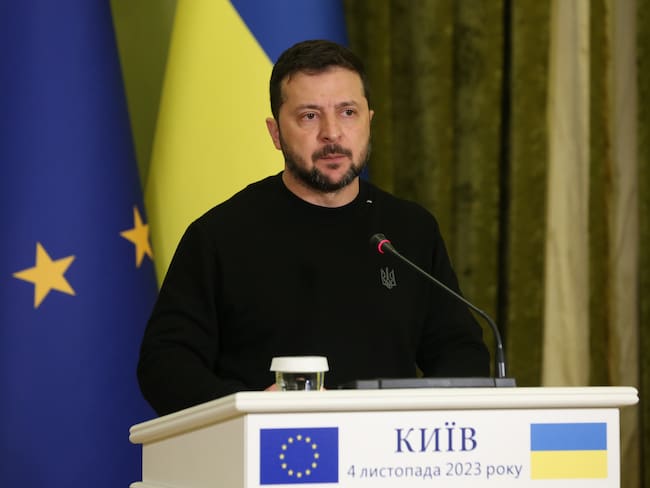 KYIV, UKRAINE - NOVEMBER 4: President Of Ukraine Volodymyr Zelenskyi during joint press conference with President of the European Commission Ursula von der Leyen on November 4, 2023 in Kyiv, Ukraine. (Photo by Viktor Kovalchuk/Global Images Ukraine via Getty Images)