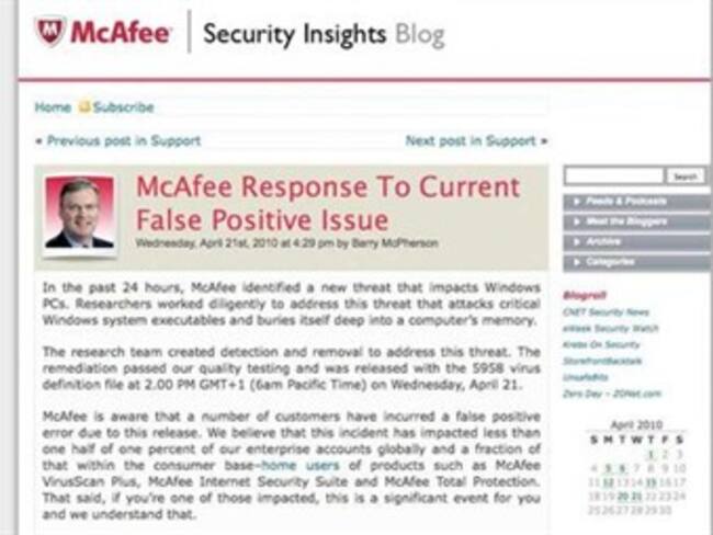 Decenas de miles de usuarios se vieron afectados con error de antivirus McAfee