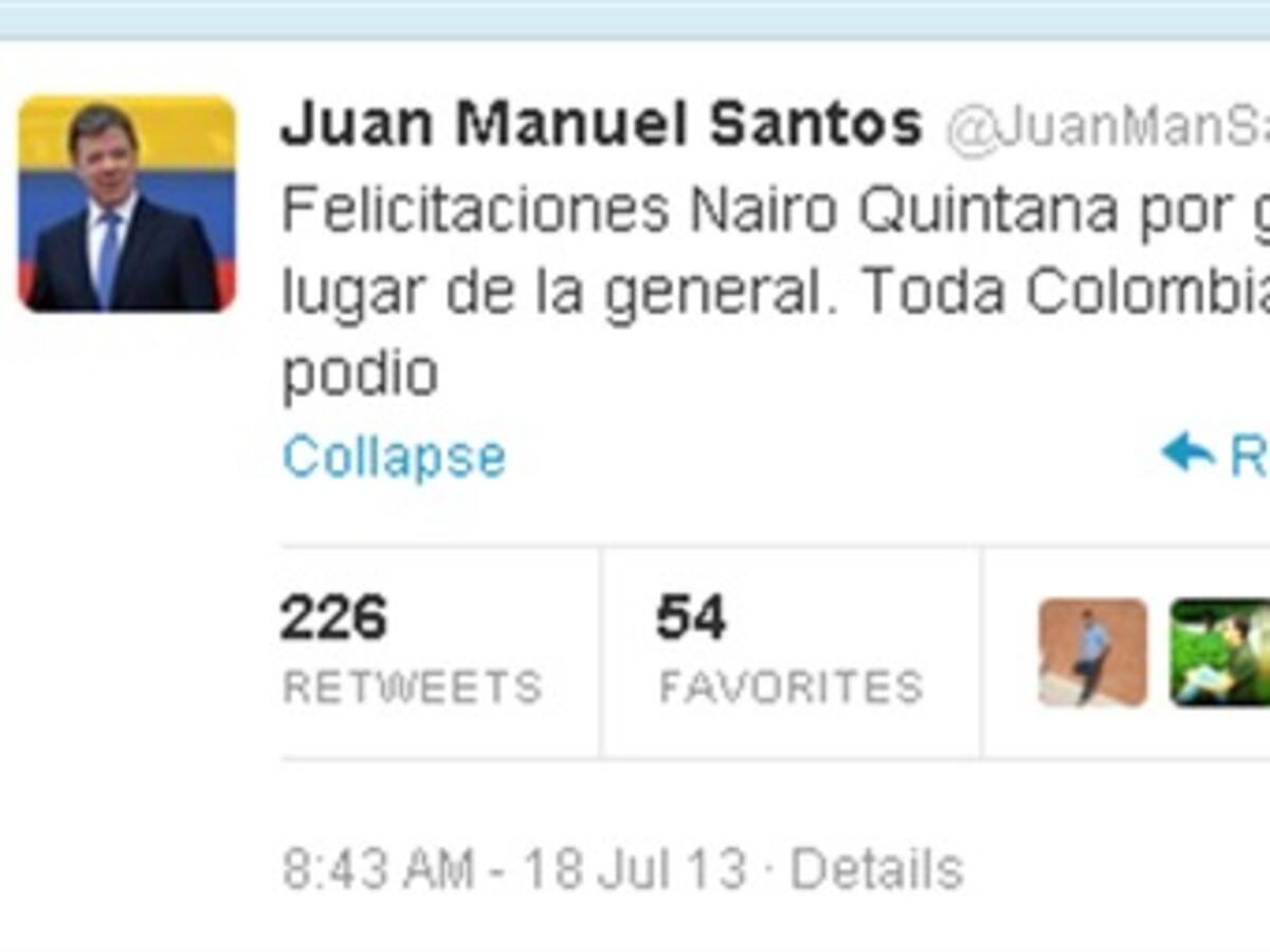 Resumen 11:00am: Juan Manuel Santos celebró por twitter el triunfo de Nairo Quintana