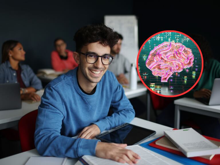 Universirarios en un aula de clases y de fondo una ilustración de un cerebro (Fotos vía Getty Images)