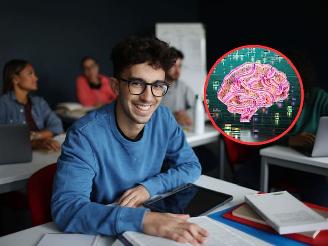 Universirarios en un aula de clases y de fondo una ilustración de un cerebro (Fotos vía Getty Images)