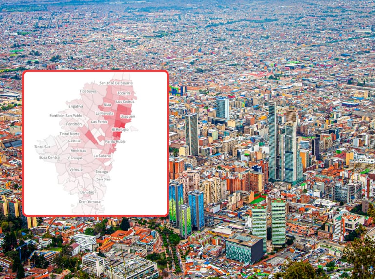 Imagen panorámica de Bogotá (Getty Images) / Mapa de estudio de Properati del arriendo promedio de apartamentos entre enero a marzo del 2024.