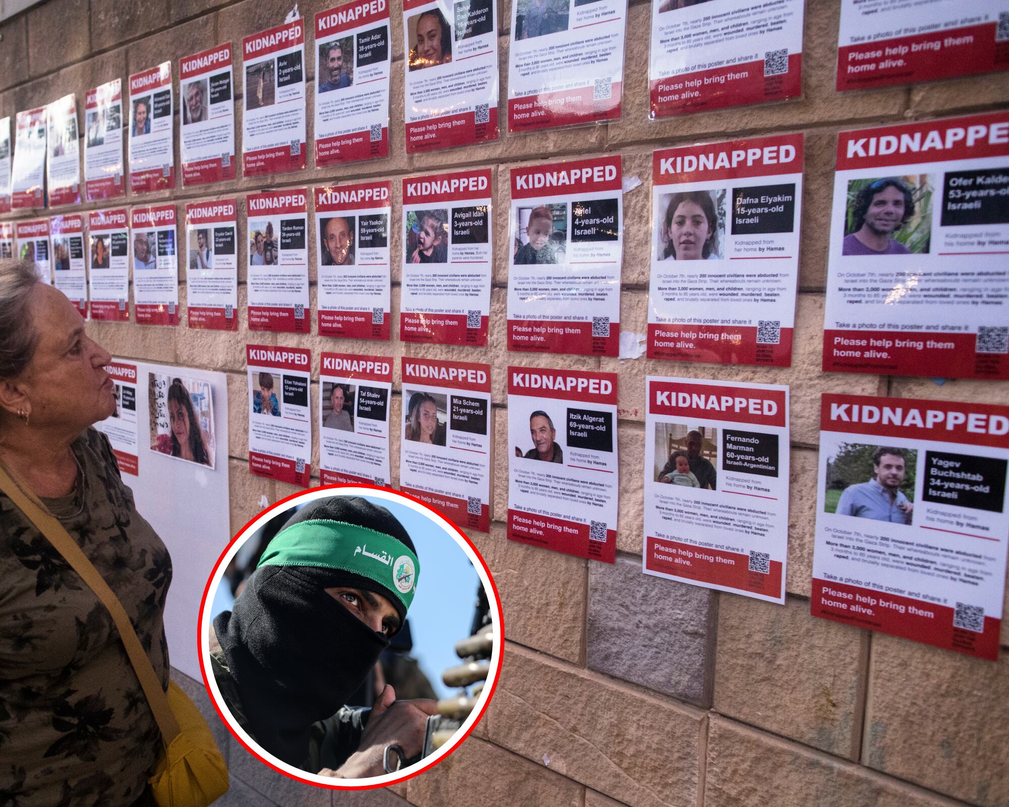 Carteles con las imágenes de los 250 secuestrados por Hamás el 7 de octubre de 2023. En el círculo, un militante de Hamás.
(Foto: Caracol Radio / Getty )