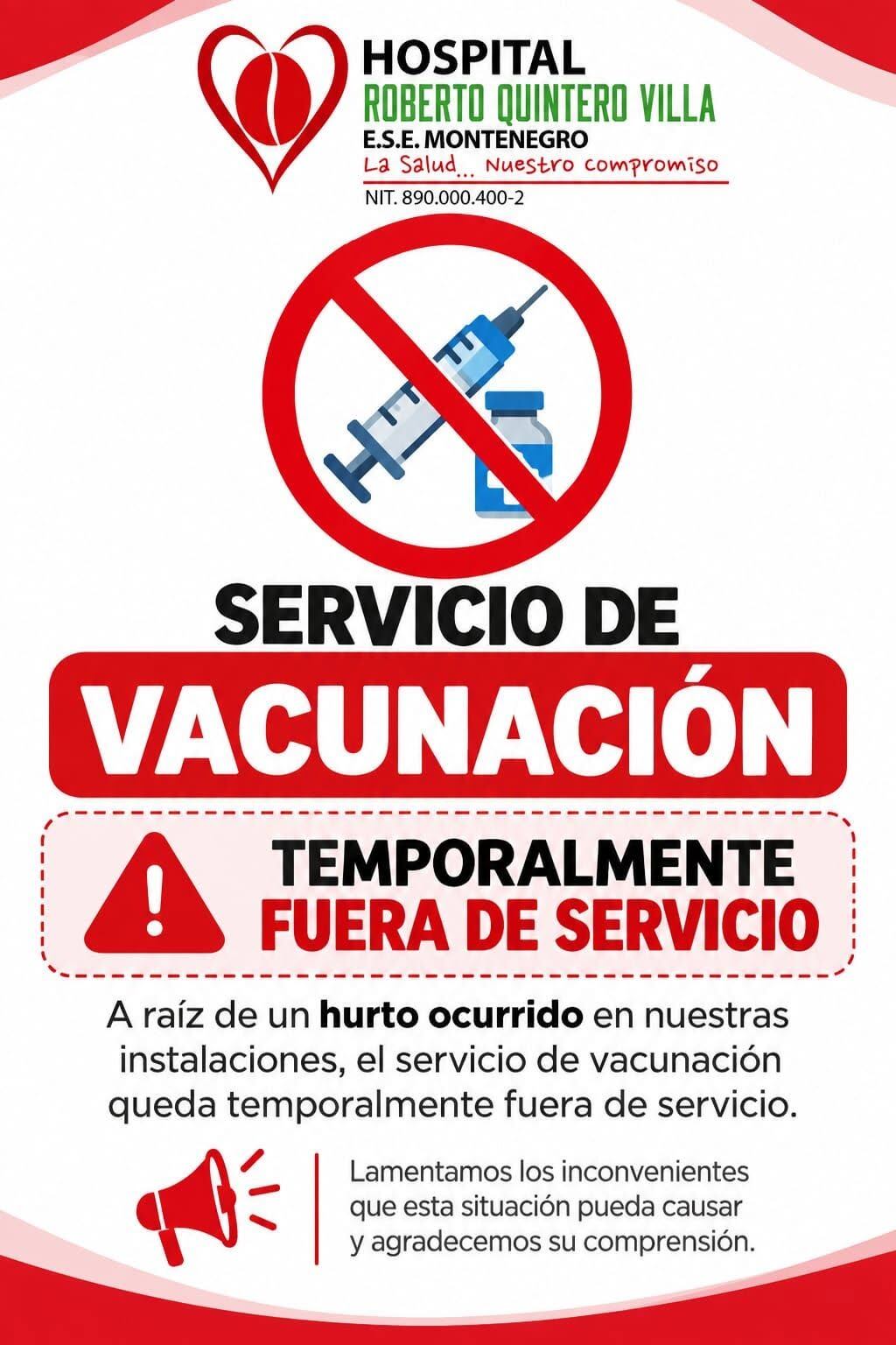 El servicio de vacunación afectado por robo en hospital de Montenegro, Quindío. Foto: Cortesía Hospital Roberto Quintero