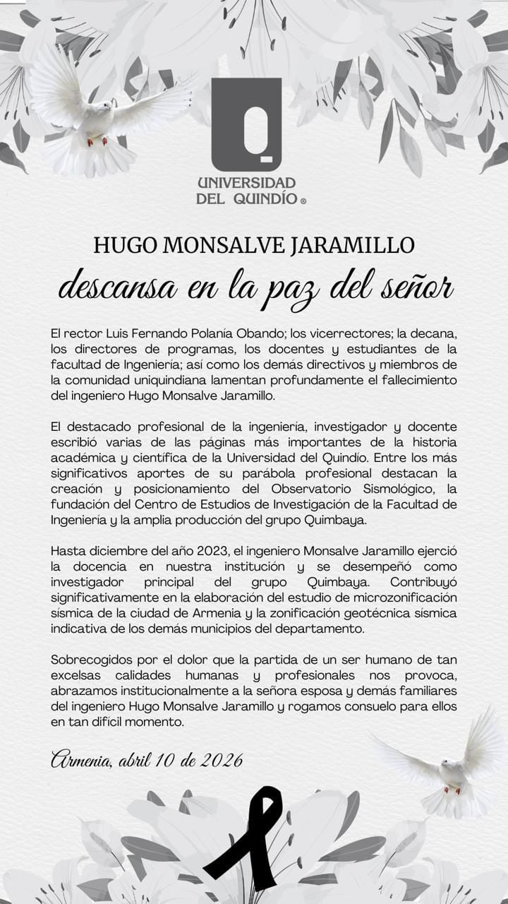 Mensaje de condolencia de la Uniquindío. Foto: Cortesía Universidad del Quindío