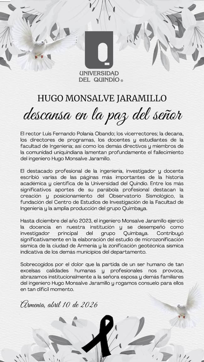 Mensaje de condolencia de la Uniquindío. Foto: Cortesía Universidad del Quindío