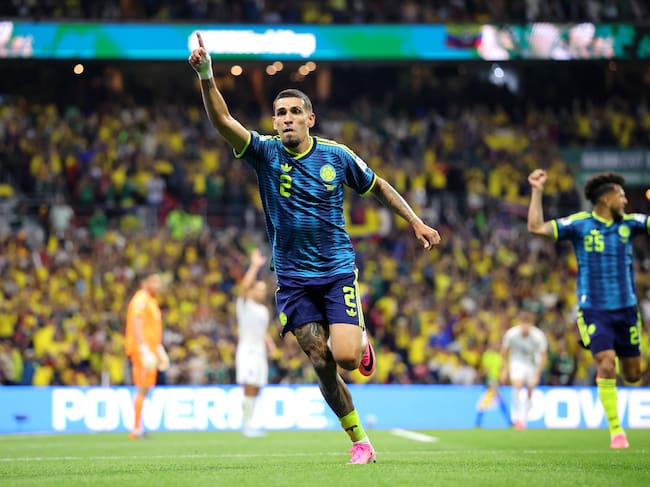 MEXICO CITY, MEXICO - JUNE 17: Daniel Munoz #2 of Colombia celebrates scoring his team's first goal during the FIFA World Cup 2026 Group K match between Uzbekistan and Colombia at Mexico City Stadium on June 17, 2026 in Mexico City, Mexico. (Photo by Hector Vivas - FIFA/FIFA via Getty Images)