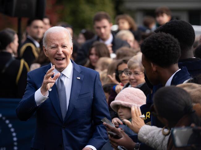 WASHINGTON, DC - NOVEMBER 20: U.S. President Joe Biden greets audience members after pardoning the National Thanksgiving turkeys Liberty and Bell during a ceremony on the South Lawn of the White House on November 20, 2023 in Washington, DC. The 2023 National Thanksgiving Turkey, Liberty and its alternate Bell were raised in Willmar, Minnesota and will be housed at the University of Minnesota after their pardoning. (Photo by Drew Angerer/Getty Images)