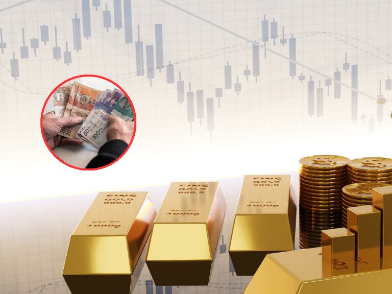 Ilustración de lingotes y piezas de oro con cifras fluctuantes y de fondo una persona con billetes colombianos de diferente denominación (Fotos vía Getty Images).