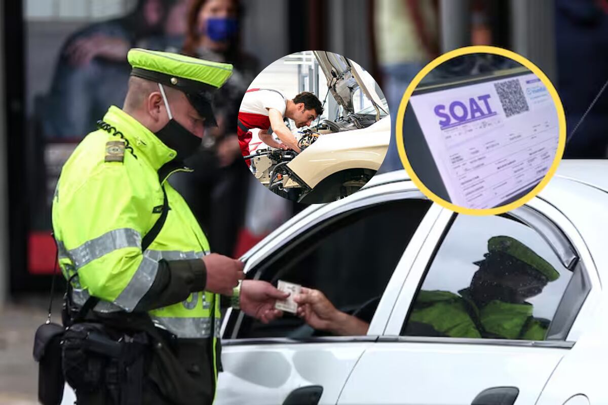 Policía de tránsito revisando los papeles de un vehículo. En el círculo, la imagen del SOAT y Revisión Tecnomecánica (Fotos vía Colprensa y Getty Images)