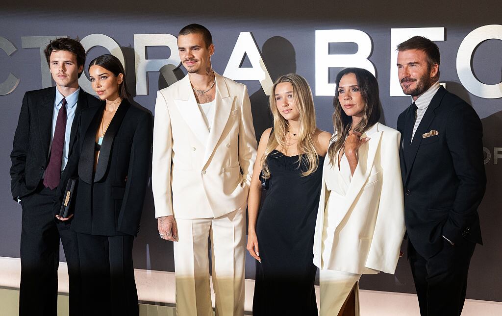 LONDON, ENGLAND - OCTOBER 08: (L-R) Cruz Beckham, Jackie Apostel, Romeo Beckham, Harper Beckham, Victoria Beckham and David Beckham attend the "Victoria Beckham" World Premiere at the Curzon Mayfair on October 08, 2025 in London, England. (Photo by Samir Hussein/WireImage)