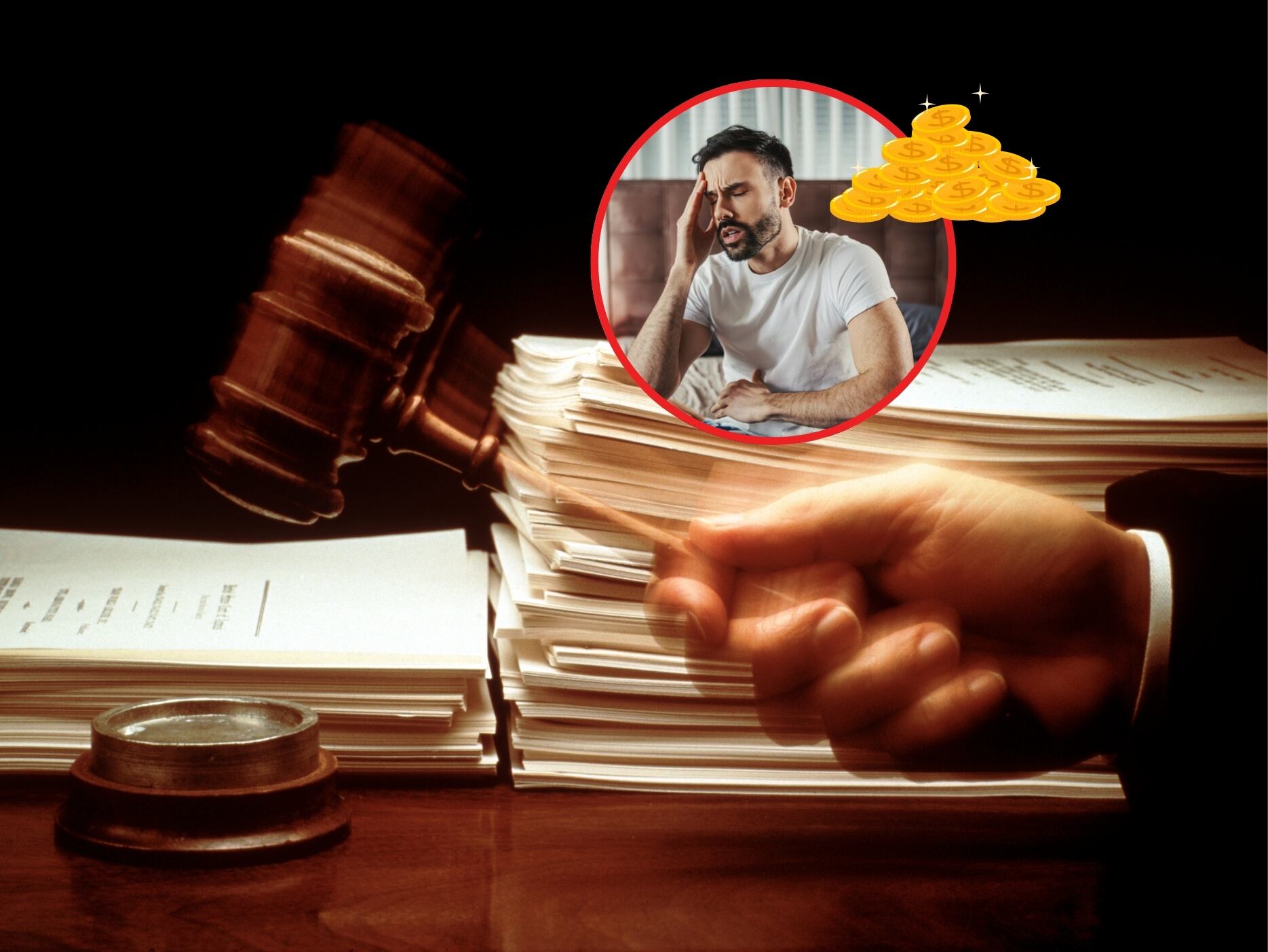 En portada: De fondo un jurado declarando una sentencia. Junto a esta imagen una ilustración de una persona preocupada y varias monedas apiladas (Cortesía Getty Images)