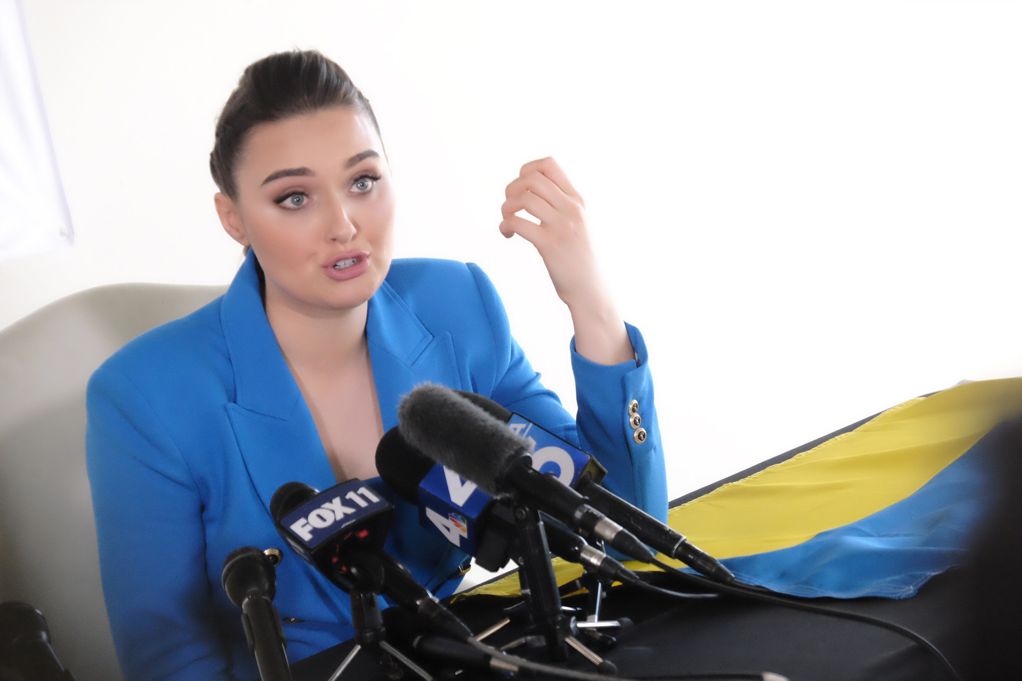 LOS ANGELES, CALIFORNIA - MARCH 08: Miss Ukraine 2018 Veronika Didusenko speaks at a press conference with attorney Gloria Allred on March 08, 2022 in Los Angeles, California. Didusenko discussed the impact of the Ukrainian war on mothers and children fleeing Ukraine. (Photo by Tommaso Boddi/Getty Images)