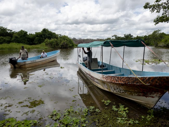 AME6873. LAGUNA DEL TIGRE (GUATEMALA), 07/09/2024.- Personas en lanchas recorren el Rio San Pedro, este jueves en la selva maya de Laguna del Tigre (Guatemala). Diez jóvenes guacamayas rojas fueron liberadas esta semana en la selva maya de Laguna del Tigre, en el extremo norte de Guatemala, tras ser criadas por biólogos de la organización internacional Wildlife Conservation Society (WCS), donde desde hace dos décadas se trabaja por la conservación de esta emblemática especie en peligro de extinción. EFE/ David Toro