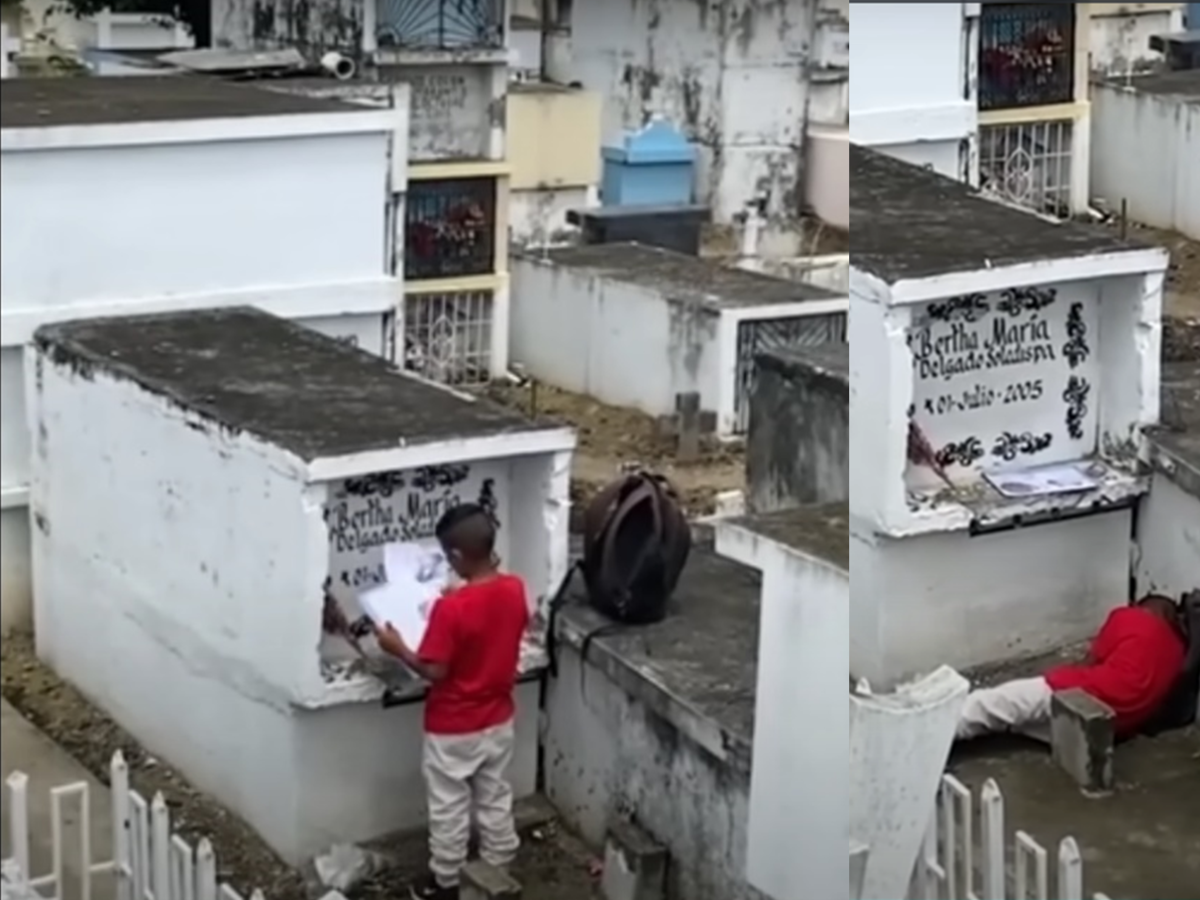Niño duerme al lado de la tumba de su madre tras mostrarle sus calificaciones