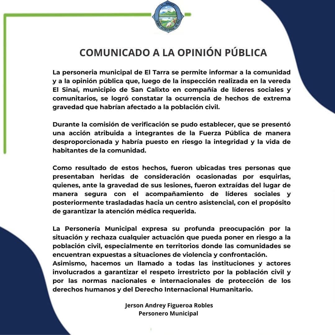 Comunicado a la Opinión Pública emitido desde la Personería de El Tarra.