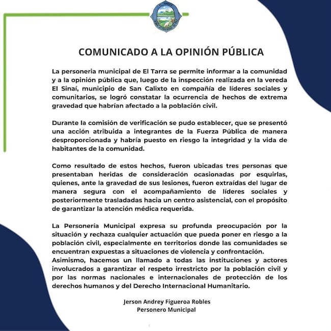 Comunicado a la Opinión Pública emitido desde la Personería de El Tarra.