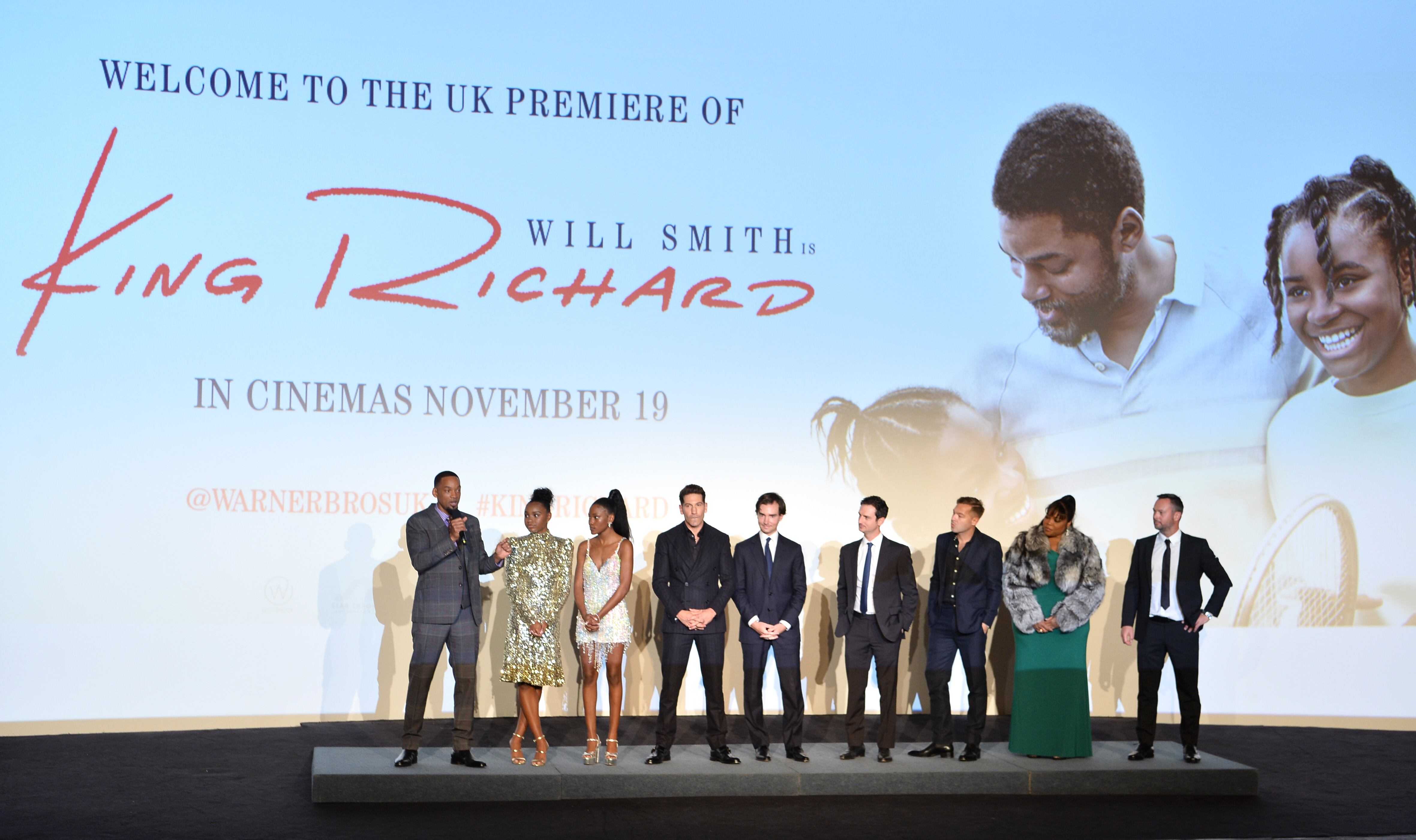 LONDON, ENGLAND - NOVEMBER 17:  (L-R) Will Smith, Saniyya Sidney, Demi Singleton, Jon Bernthal, Tim White, Trevor White, Zach Baylin, Isha Price and Jon Mone attend the UK premiere of "King Richard" at Curzon Cinema Mayfair on November 17, 2021 in London, England. (Photo by Jeff Spicer/Getty Images for Warner Bros.)