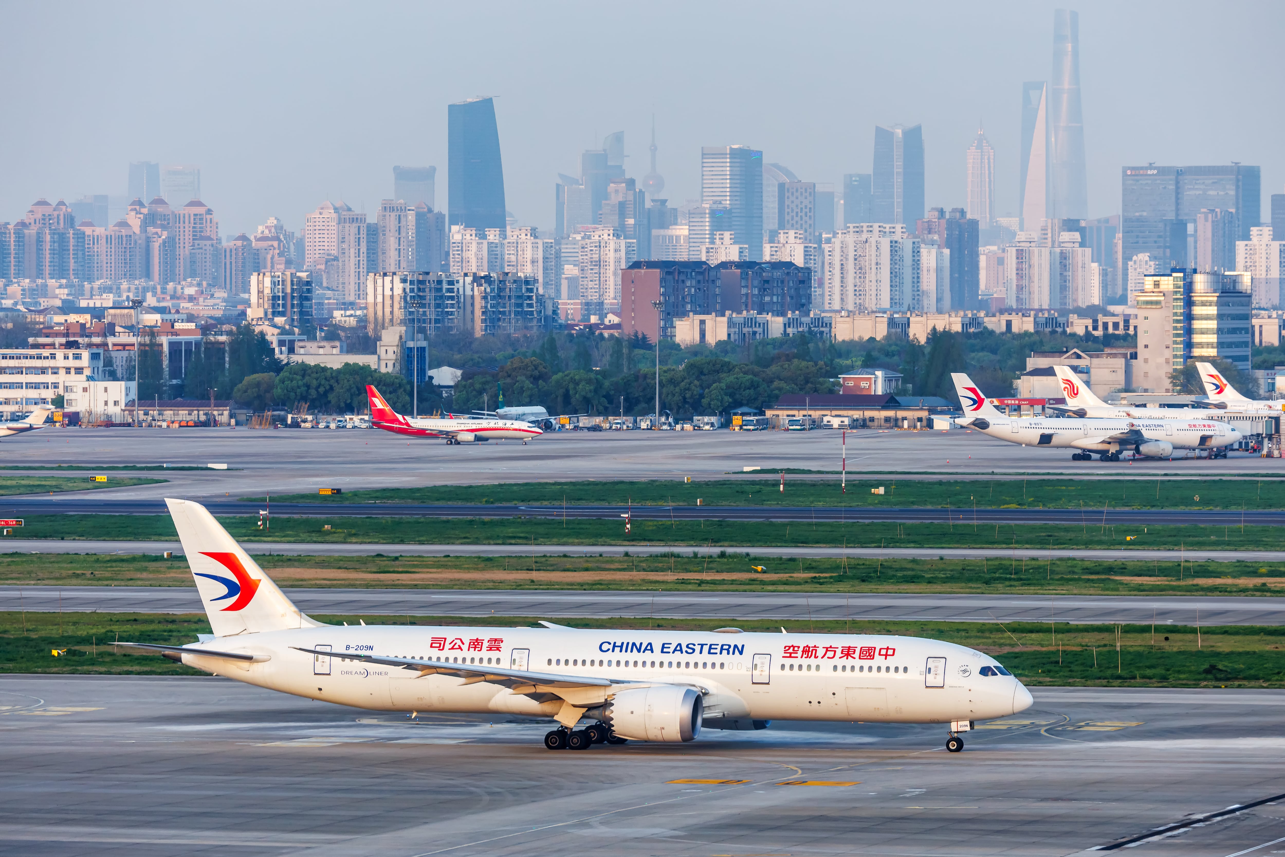Shanghai, China - April 9, 2024: China Eastern Airlines Boeing 787-9 Dreamliner airplane at Shanghai Hongqiao Airport (SHA) in China.