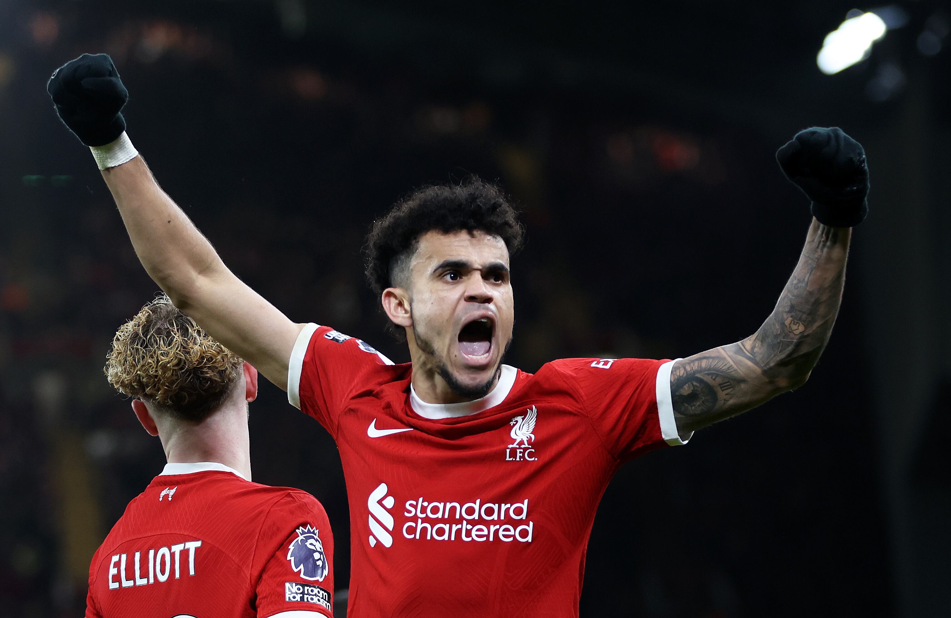 Luis Díaz celebra su décimo gol con el Liverpool en la presente temporada. (Photo by Clive Brunskill/Getty Images)